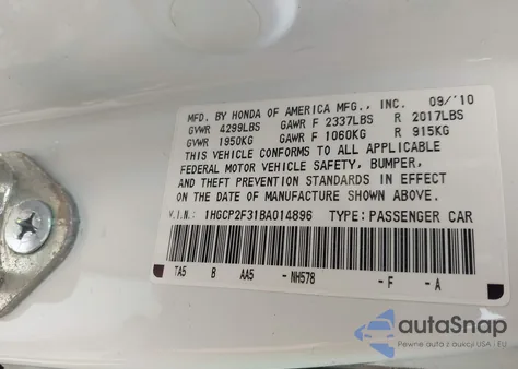 2011 Honda Accord 2.4 Lx из США, поврежденный, VIN 1HGCP2F31BA014896